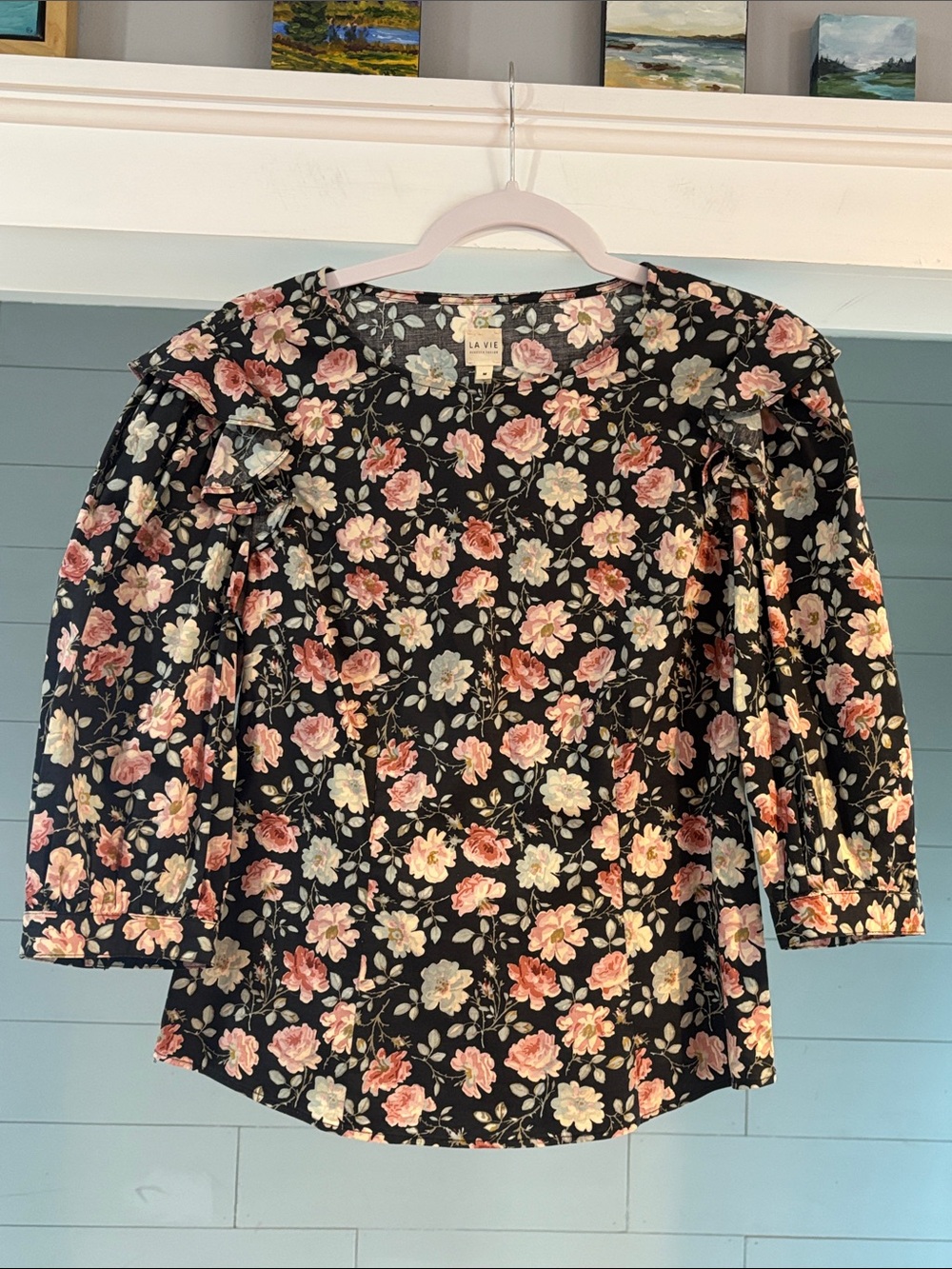La Vie Rebecca Taylor Ariane Black‎ Floral Puff-Sleeve Blouse in Pink & Cream
